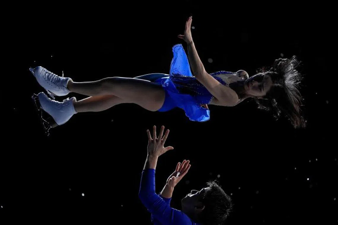 Japan's Riku Miura and Ryuichi Kihara skate during the Exhibition Gala at the ISU Four Continents Figure Skating Championships 2023 at the Broadmoor World Arena in Colorado Springs, Colorado, on February 12, 2023.  PHOTO : AFP