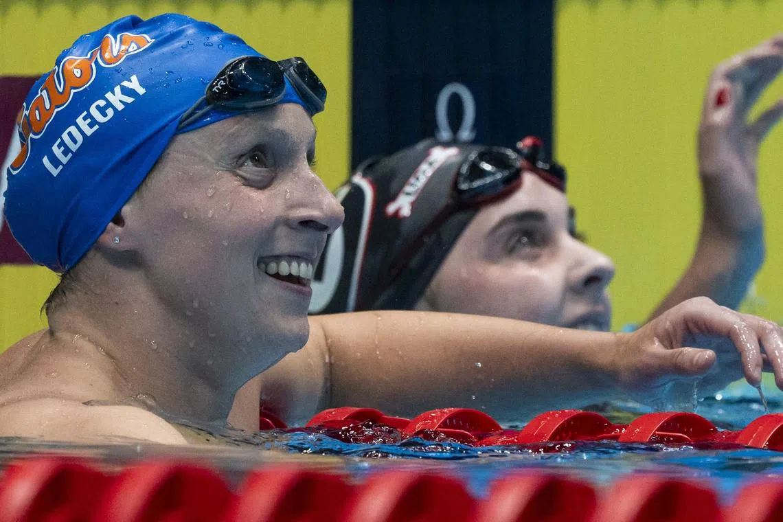 FILE PHOTO: Katie Ledecky smiles Friday, June 21, 2024, after her heat win in the U.S. Olympic Team Swimming Trials women’s 800 meter freestyle prelims at Lucas Oil Stadium in Indianapolis. Mandatory Credit: Mykal McEldowney-USA TODAY Sports
