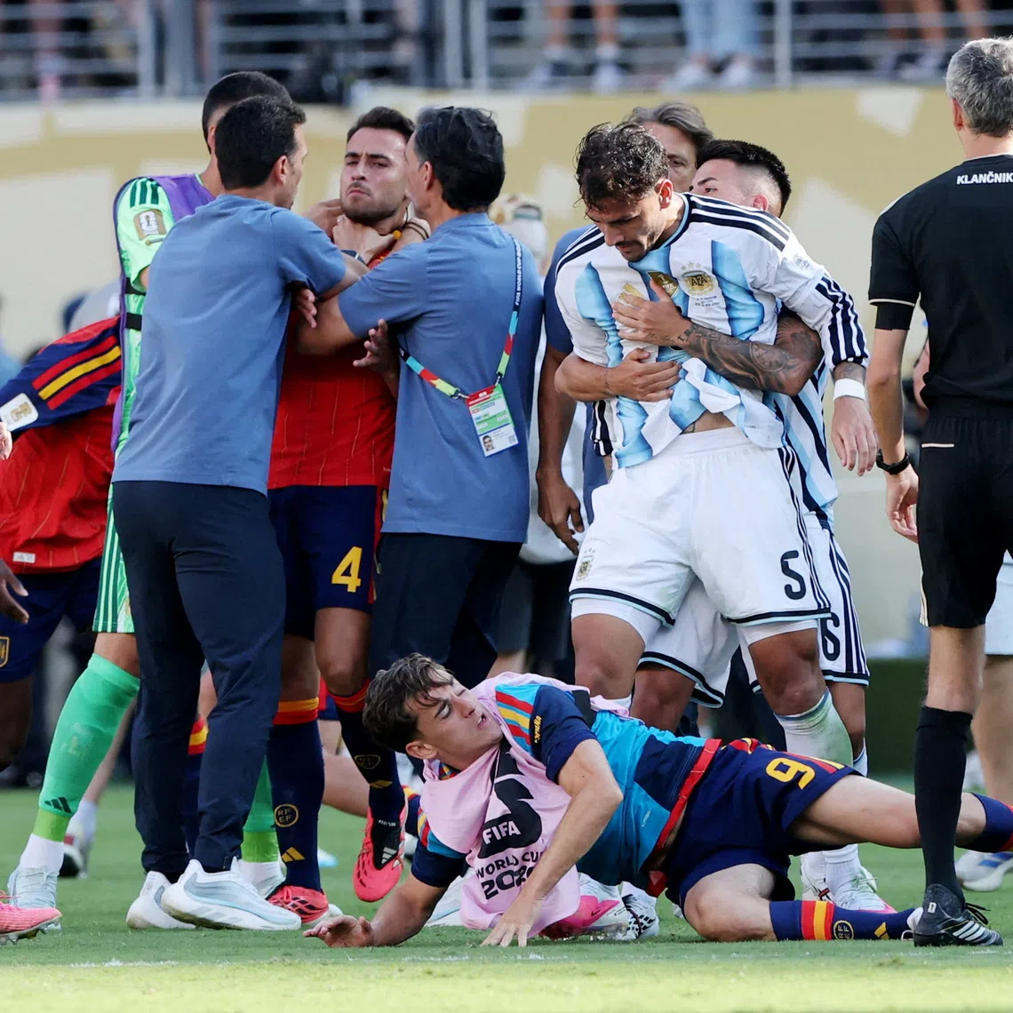 Argentina’s Leandro Paredes clashing with Spain’s Gavi after the 2026 World Cup final on July 19.