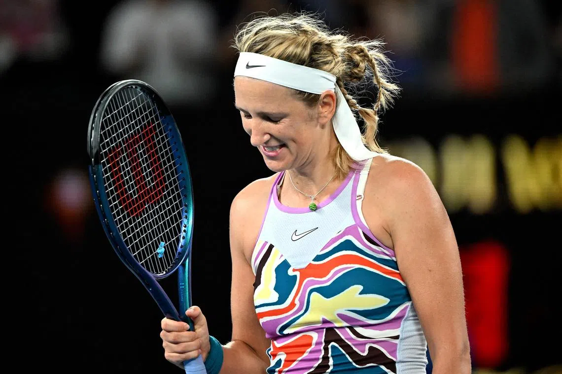 Victoria Azarenka of Belarus celebrating her win over American Jessica Pegula in the Australian Open quarter-finals on Tuesday.