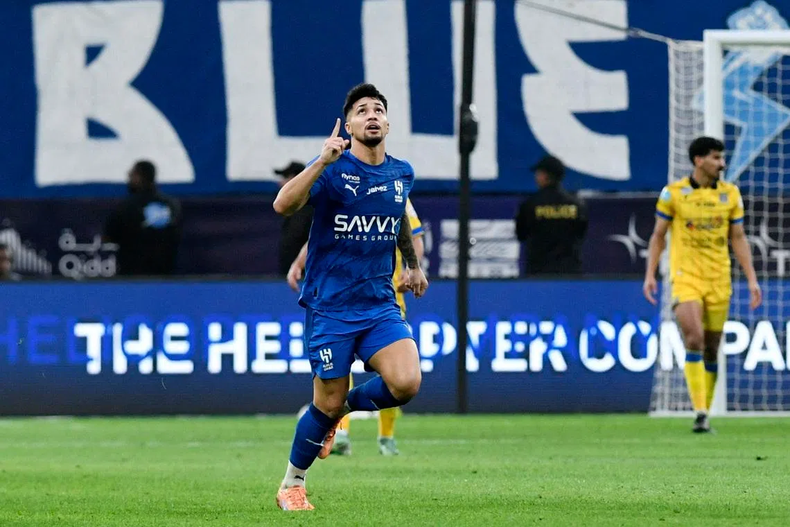 Soccer Football - Saudi Pro League - Al Hilal v Al Taawoun - Kingdom Arena, Riyadh, Saudi Arabia - April 4, 2026 Al Hilal's Marcos Leonardo celebrates scoring their second goal REUTERS/Stringer