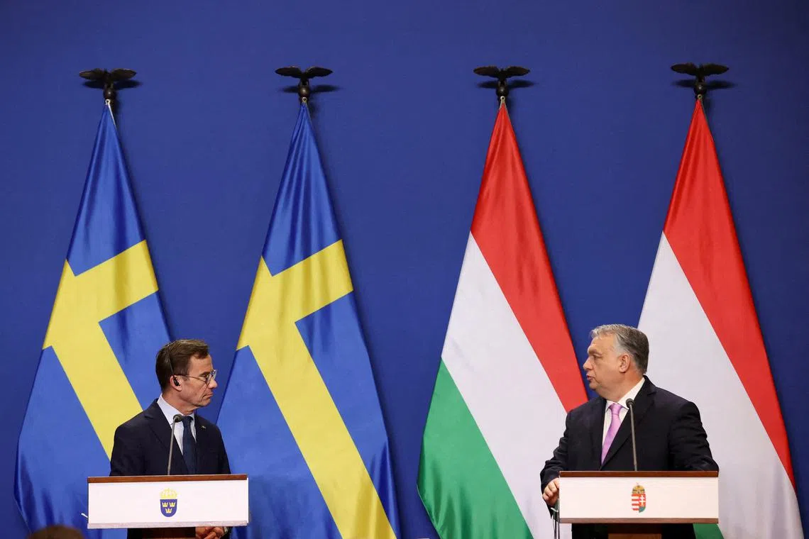 Swedish Prime Minister Ulf Kristersson and Hungarian Prime Minister Viktor Orban.