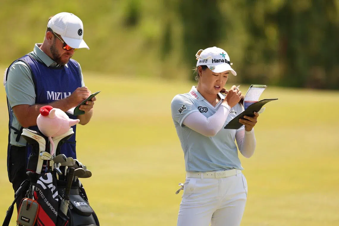 Minjee Lee of Australia lining up her shot on the ninth hole during the second round of the Mizuho Americas Open at Liberty National Golf Club on Friday, 2023 in Jersey City, New Jersey. Lee shot an eight-under 64 and Cheyenne Knight posted a four-under 68 to move into a tie for the lead.