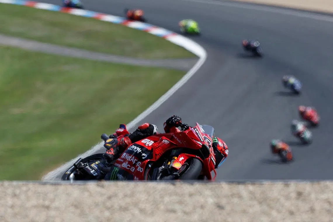 Ducati Lenovo Team's Francesco Bagnaia in action during the MotoGP race during the Czech Republic Grand Prix, held at the Masaryk Circuit, Brno, Czech Republic, on July 20, 2025.
