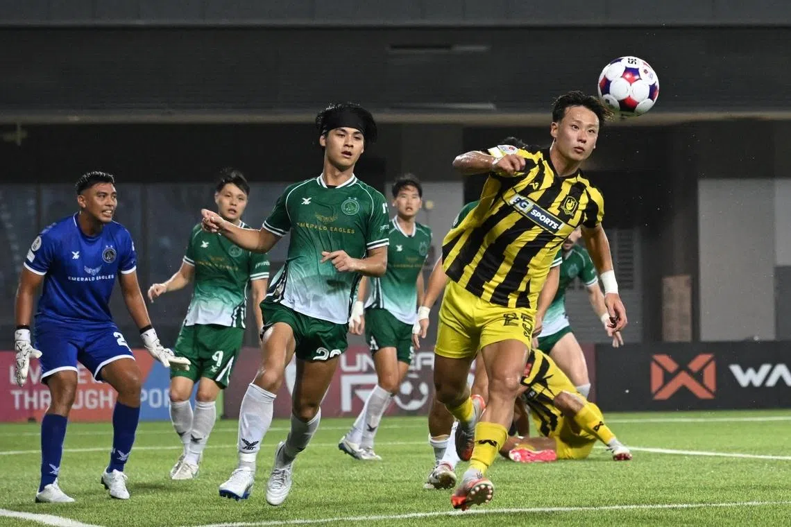 BG Tampines Rovers forward Hide Higashikawa (right) against Geylang International at Our Tampines Hub on April 11.