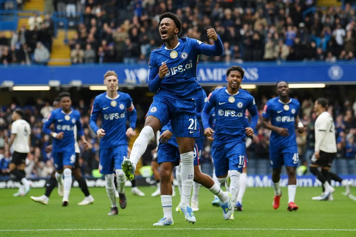 Soccer Football - FA Cup - Quarter Final - Chelsea v Port Vale - Stamford Bridge, London, Britain - April 4, 2026 Chelsea's Jorrel Hato celebrates scoring their first goal REUTERS/Jaimi Joy