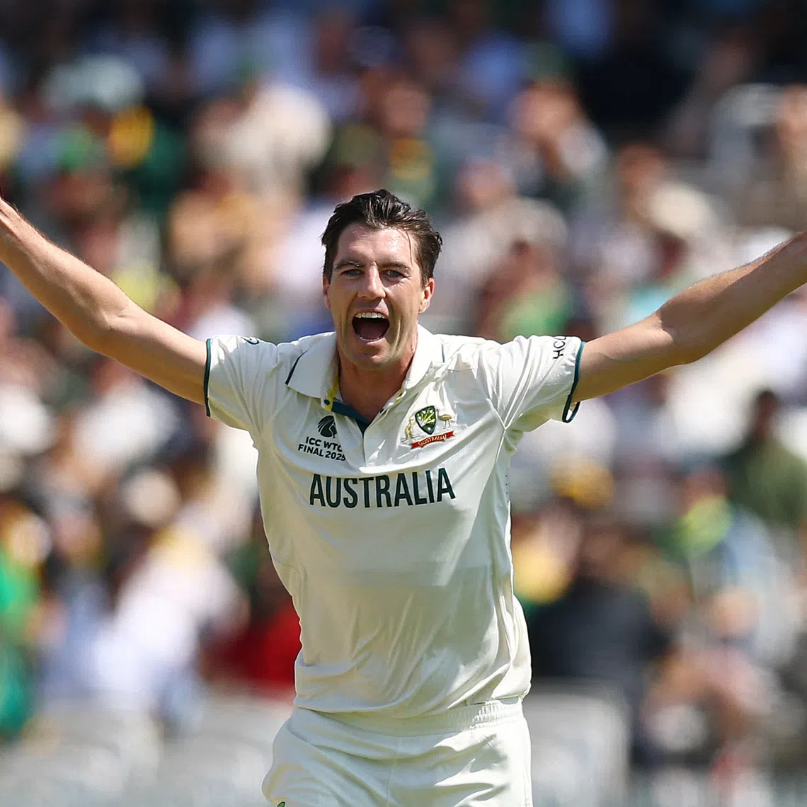 Cricket - 2025 ICC World Test Championship Final - South Africa v Australia - Lord's Cricket Ground, London, Britain - June 14, 2025 Australia's Pat Cummins celebrates after taking the wicket of South Africa's Temba Bavuma, caught out by Alex Carey Action Images via Reuters/Andrew Boyers