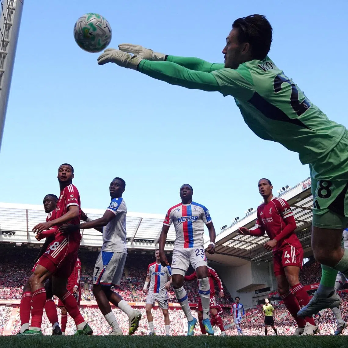 Soccer Football - Premier League - Liverpool v Crystal Palace - Anfield, Liverpool, Britain - April 25, 2026 Liverpool's Freddie Woodman makes a save REUTERS/Phil Noble