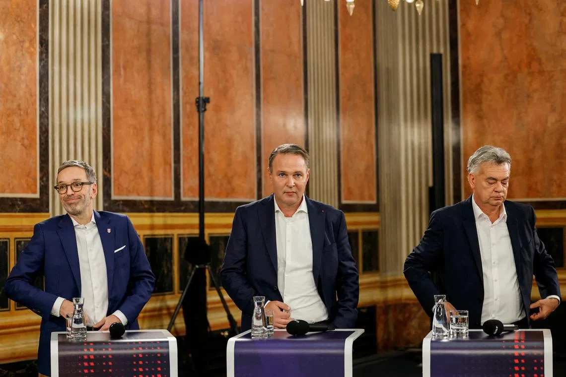 FILE PHOTO: Herbert Kickl, Andreas Babler and Werner Kogler attend a television debate, Vienna, September 29, 2024. REUTERS/Lisa Leutner/File Photo