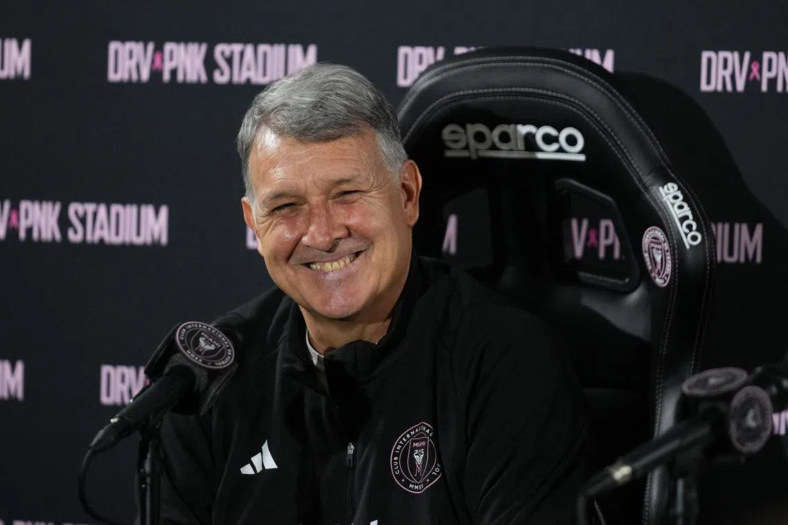 Jun 29, 2023; Miami, FL, USA; Inter Miami CF manager Gerardo “Tata” Martino speaks at a press conference at DRV PNK Stadium. Mandatory Credit: Rich Storry-USA TODAY Sports/ File Photo