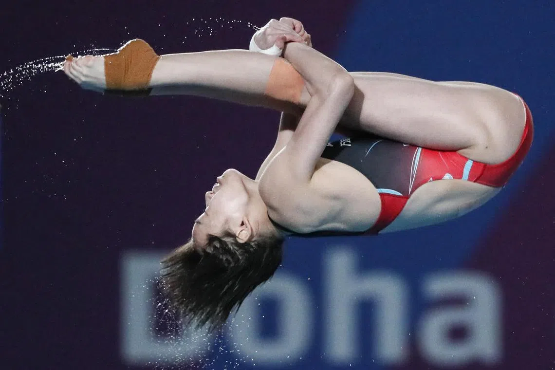 Gold medallist Quan Hongchan of China competing in the women's 10m platform finals at the Fina World Aquatics Championships in Doha on Feb 5.