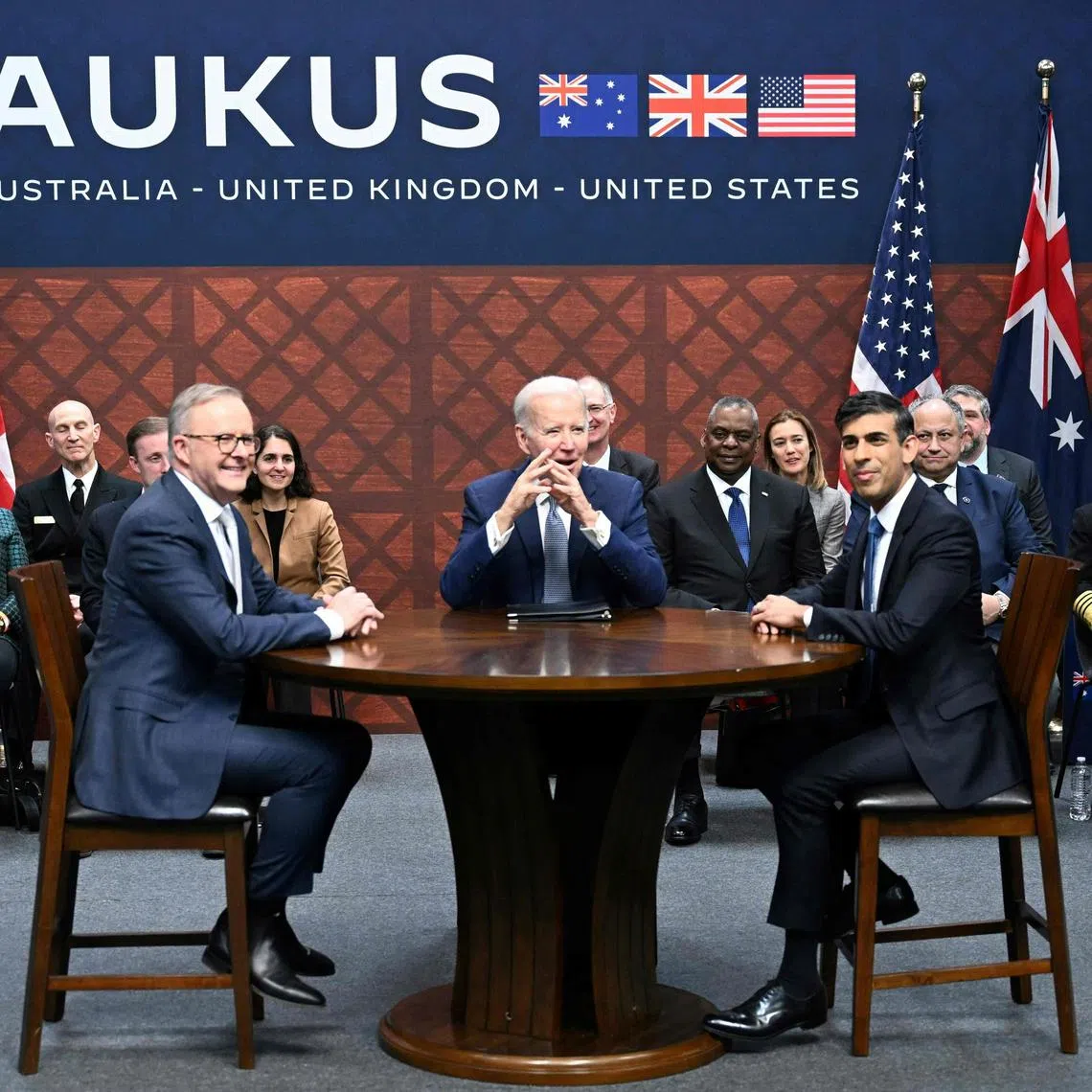 From left) Australia's PM Anthony Albanese, US President Joe Biden and British PM Rishi Sunak during the Aukus summit on March 13.