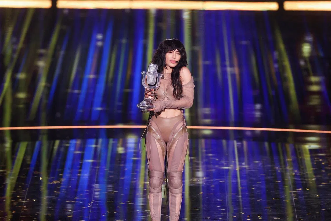 Loreen from Sweden appearing on stage after winning the 2023 Eurovision Song Contest in Liverpool early Sunday morning.