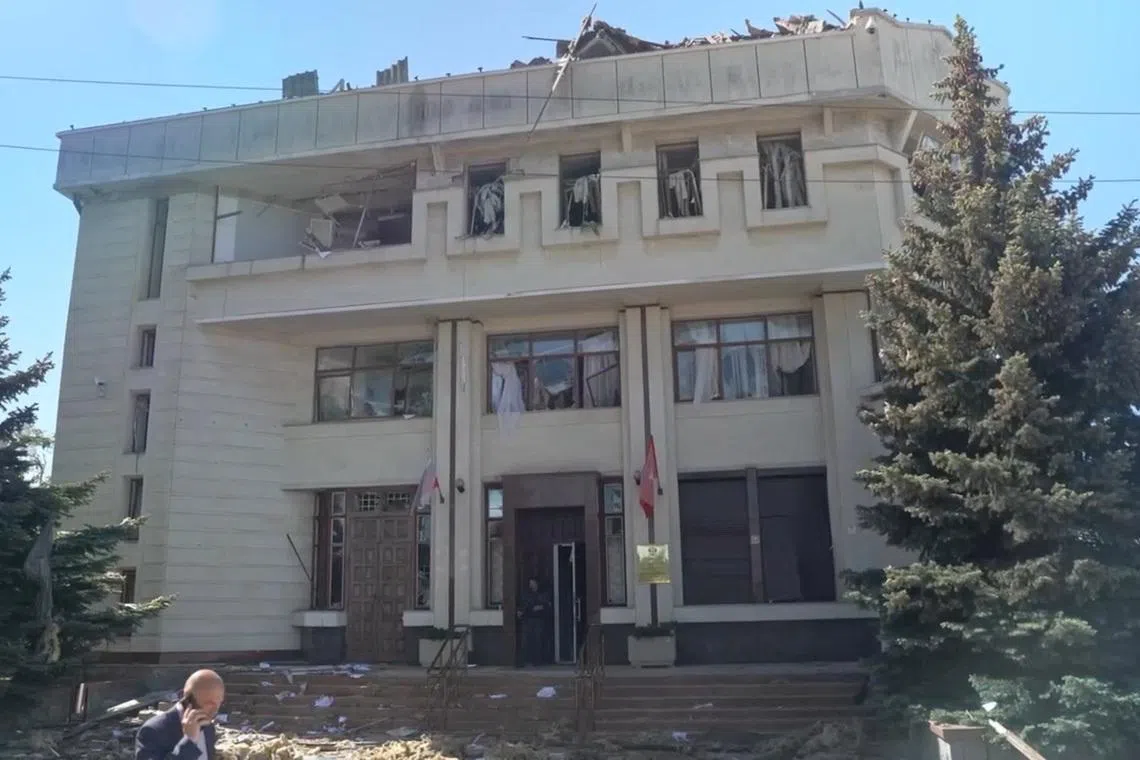 The building of the regional office of Russia’s central bank, which according to the city governor was damaged in a Ukrainian drone and missile attack, in Sevastopol, Crimea, May 27, 2026, in this still image taken from video. Governor of Sevastopol Mikhail Razvozhayev/Handout via REUTERS