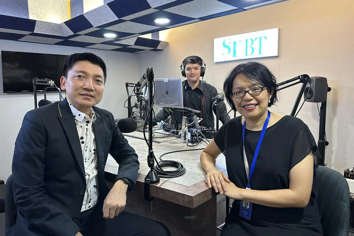 (From left) PhillipCapital's senior financial services director Jonathan Chan, ST podcast producer Teo Tong Kai and ST associate editor Lee Su Shyan in the podcast studio. 