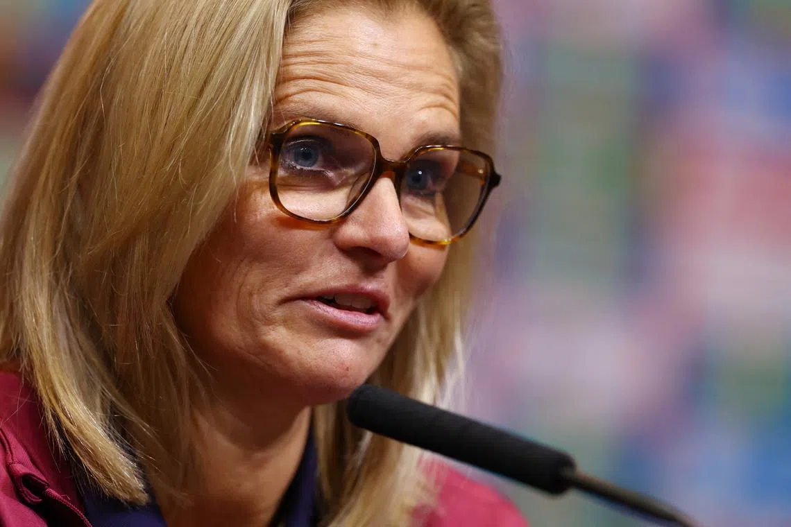 Soccer Football - Women's International Friendly - England Squad Announcement - Wembley Stadium, London, Britain - November 19, 2024 England manager Sarina Wiegman during the press conference Action Images via Reuters/Matthew Childs/File Photo