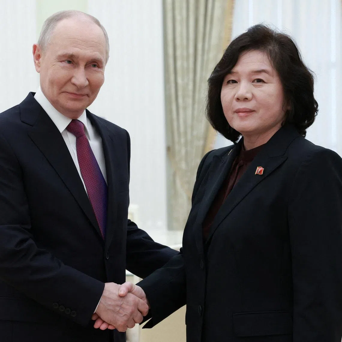 Russian President Vladimir Putin shakes hands with North Korean Foreign Minister Choe Son Hui during a meeting at the Kremlin in Moscow, Russia July 19, 2026. Sputnik/Alexander Shcherbak/Pool via REUTERS