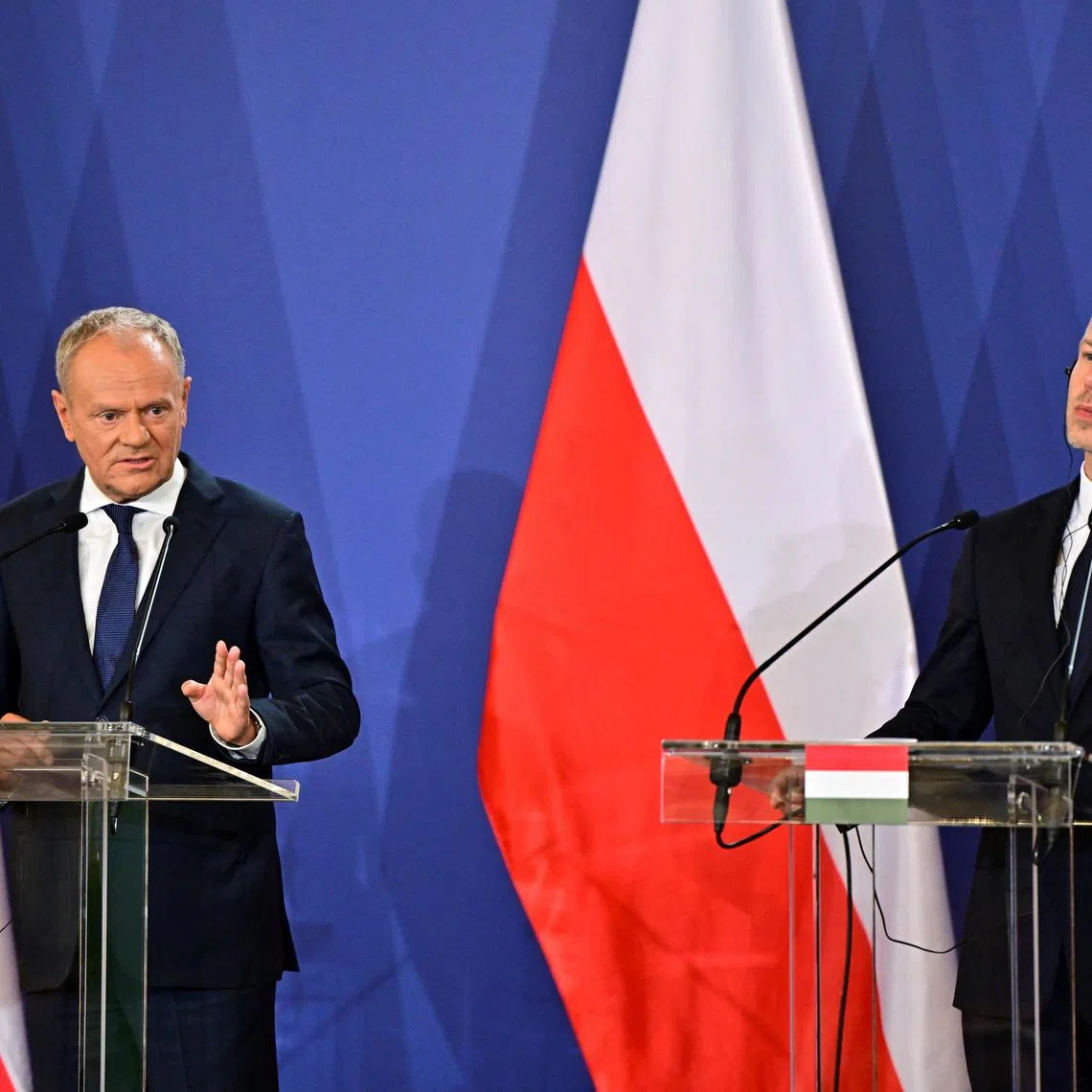 Poland's Prime Minister Donald Tusk speaks during a press conference alongside Hungary's Prime Minister Peter Magyar at a meeting of the Visegrad Group (V4) countries in Godollo, Hungary, June 23, 2026. REUTERS/Marton Monus