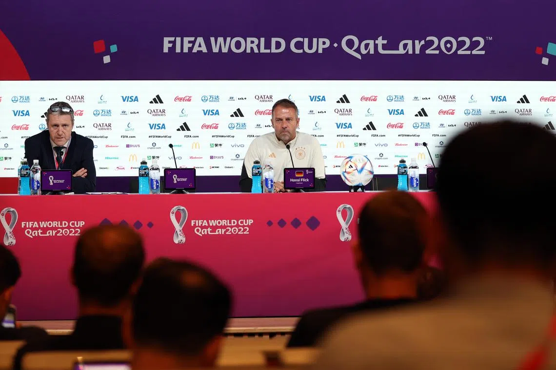 Germany coach Hansi Flick attends a press conference at the Qatar National Convention Centre in Doha on Nov 26, 2022, ahead of his side's big clash against Spain.