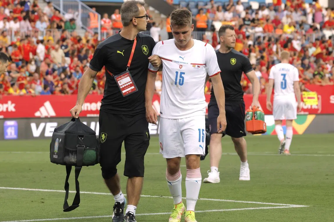 FILE PHOTO: Soccer Football - UEFA Nations League - Group B - Spain v Czech Republic - La Rosaleda Stadium, Malaga, Spain - June 12, 2022 Czech Republic's Michal Sadilek walks off the pitch after receiving medical attention REUTERS/Jon Nazca/File Photo
