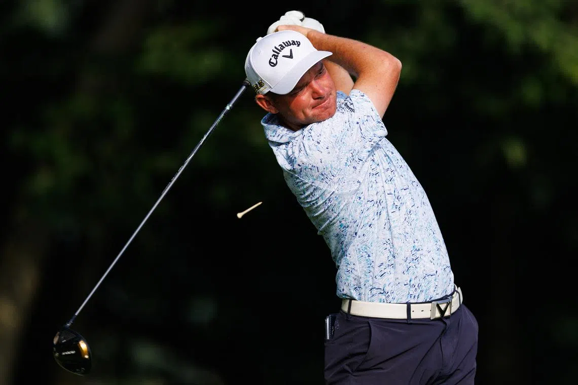 FILE PHOTO: Jul 7, 2022; Nicholasville, Kentucky, USA; Dale Whitnell plays his shot from the third tee during the first round of the Barbasol Championship golf tournament. Mandatory Credit: Jordan Prather-USA TODAY Sports/File Photo