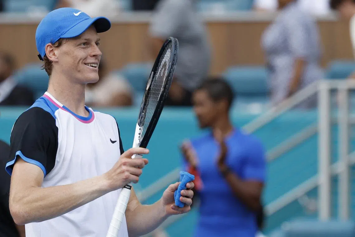 FILE PHOTO: Mar 29, 2024; Miami Gardens, FL, USA; Jannik Sinner (ITA) waves to the fans after his match against Daniil Medvedev (not pictured) in a men's singles semifinal of the Miami Open at Hard Rock Stadium. Mandatory Credit: Geoff Burke-USA TODAY Sports/File Photo
