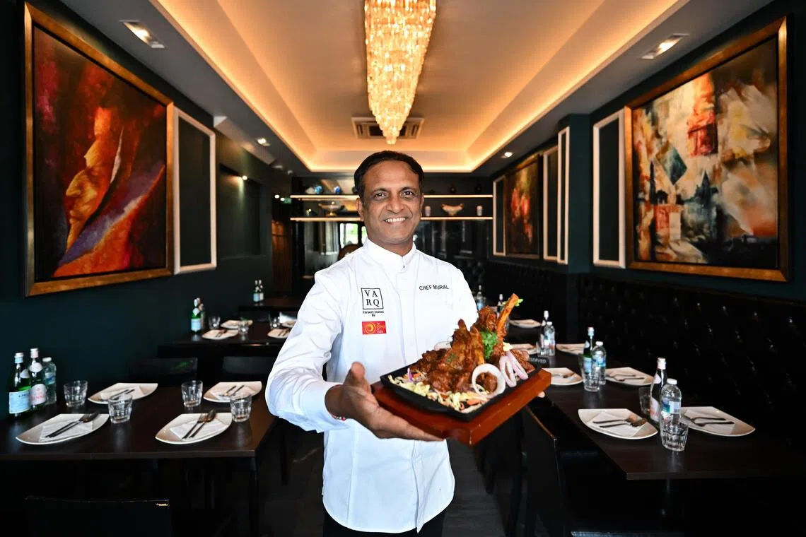 ST20251028-202529400622-Lim Yaohui-Eunice Quek-eqindian02/

Chef Manjunath Mural, 51, Group Director of Cuisine, The Song of India Group, holing Kashmiri Wazwan Lamb Rack Sizzler costs $18, at Indian Saaga restaurant on the first floor of 38 Race Course Road on Oct 28, 2025. 

Feature on new/revamped Indian restaurants.

(ST PHOTO: LIM YAOHUI)