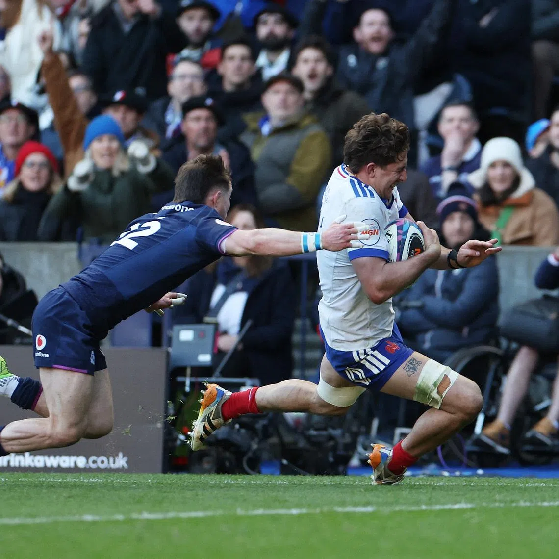 FILE PHOTO: Rugby Union - Six Nations Championship - Scotland v France - Murrayfield Stadium, Edinburgh, Scotland, Britain - March 7, 2026 France's Oscar Jegou scores their fifth try. REUTERS/Russell Cheyne/File Photo