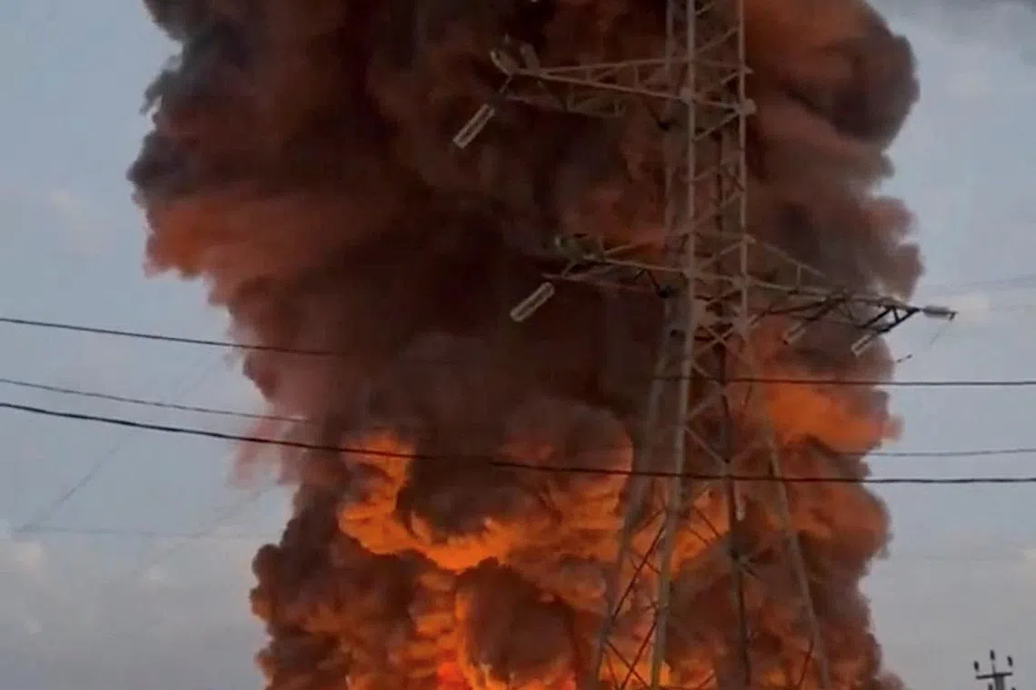 Smoke rises from a Wildberries warehouse on fire after an attack in Nevinnomyssk, Russia, July 22, 2026, in this still image obtained from social media video.  Social Media/via REUTERS