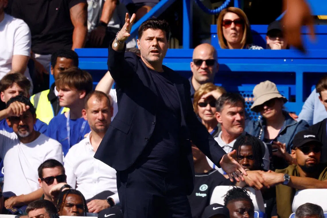 FILE PHOTO: Soccer Football - Premier League - Chelsea v AFC Bournemouth - Stamford Bridge, London, Britain - May 19, 2024  Chelsea manager Mauricio Pochettino reacts Action Images via Reuters/John Sibley/File Photo