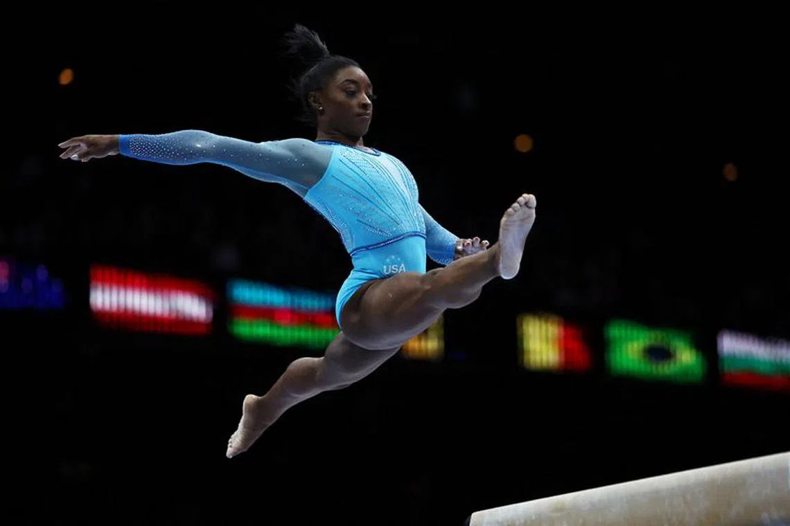 FILE PHOTO: Gymnastics - 2023 World Artistic Gymnastics Championships - Sportpaleis, Antwerp, Belgium - October 1, 2023 Simone Biles of the U.S. in action during the women's qualification REUTERS/Yves Herman/File Photo
