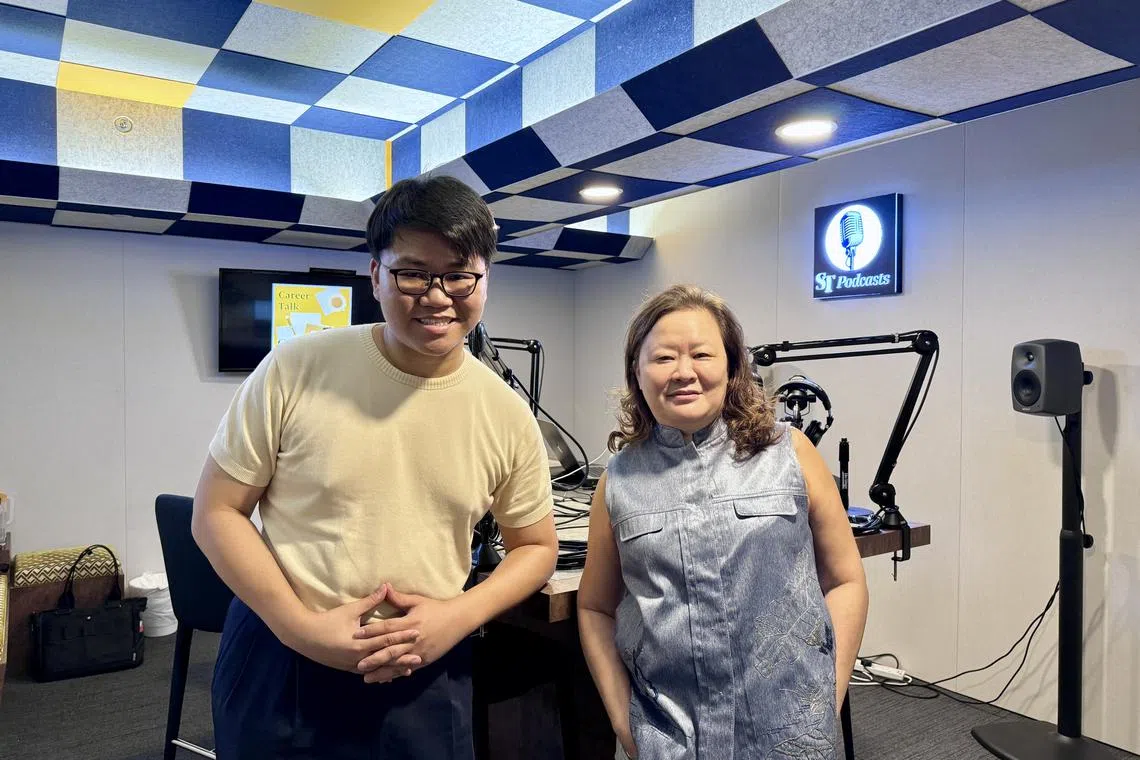(From left) Host Tay Hong Yi with Associate Professor Sim Soo Kheng, director of the innovation centre at the Institute for Adult Learning in the podcast studio. 