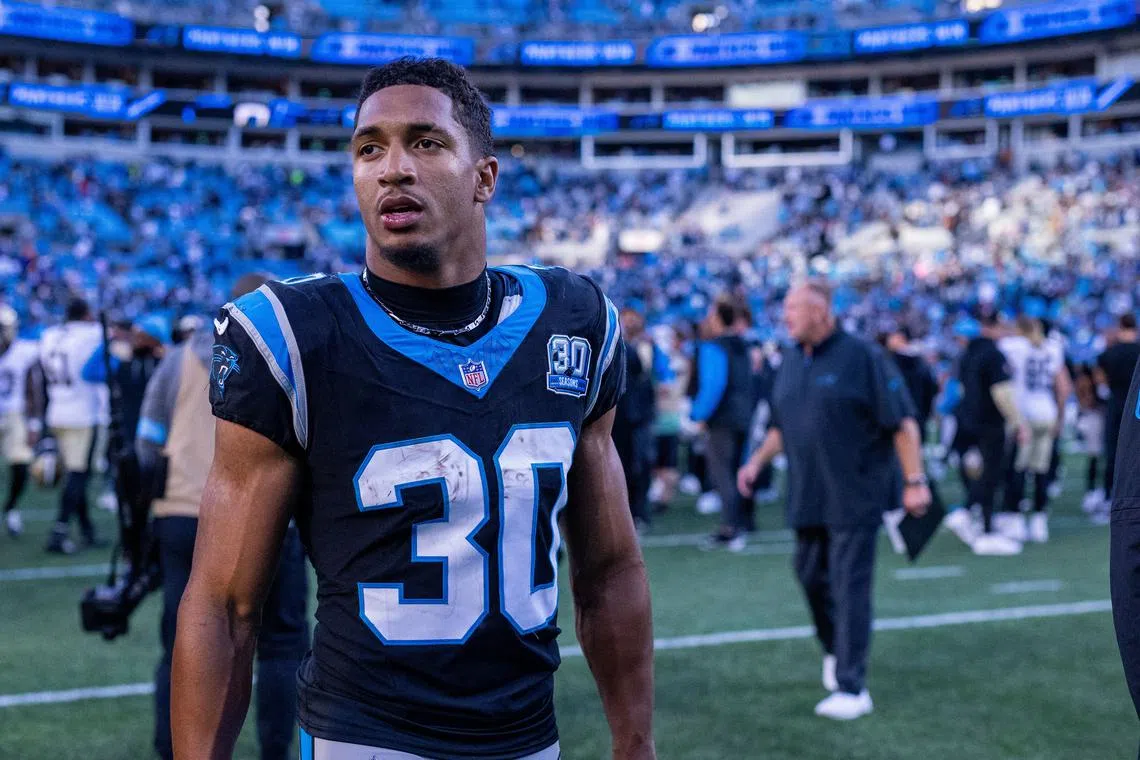 FILE PHOTO: Nov 3, 2024; Charlotte, North Carolina, USA; Carolina Panthers running back Chuba Hubbard (30) walks off after defeating the New Orleans Saints at Bank of America Stadium. Mandatory Credit: Scott Kinser-Imagn Images/File Photo