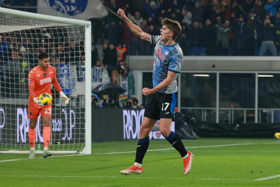 Atalanta's Charles de Ketelaere celebrating the first of his two goals in the 3-2 Serie A win over Empoli at the Stadio Atleti Azzurri d'Italia on Dec 22.
