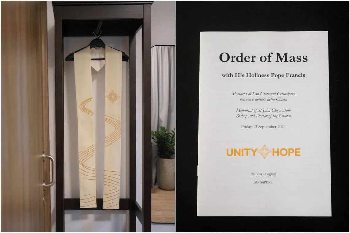 Vestments worn by Pope Francis on Sept 12 (left) and he thumbed the next day will be archived by the Roman Catholic Archdiocese of Singapore. 