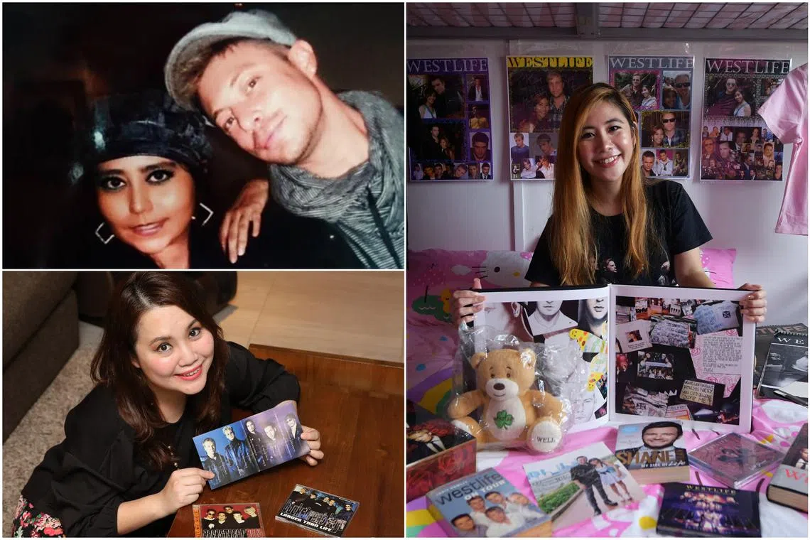 (Clockwise from top left) Blue fan Radiyah Ryssa Ibrahim with one of the members of the boyband Duncan James, Westlife fan Phoebe Quek and Backstreet Boys fan ShiLi Yap.