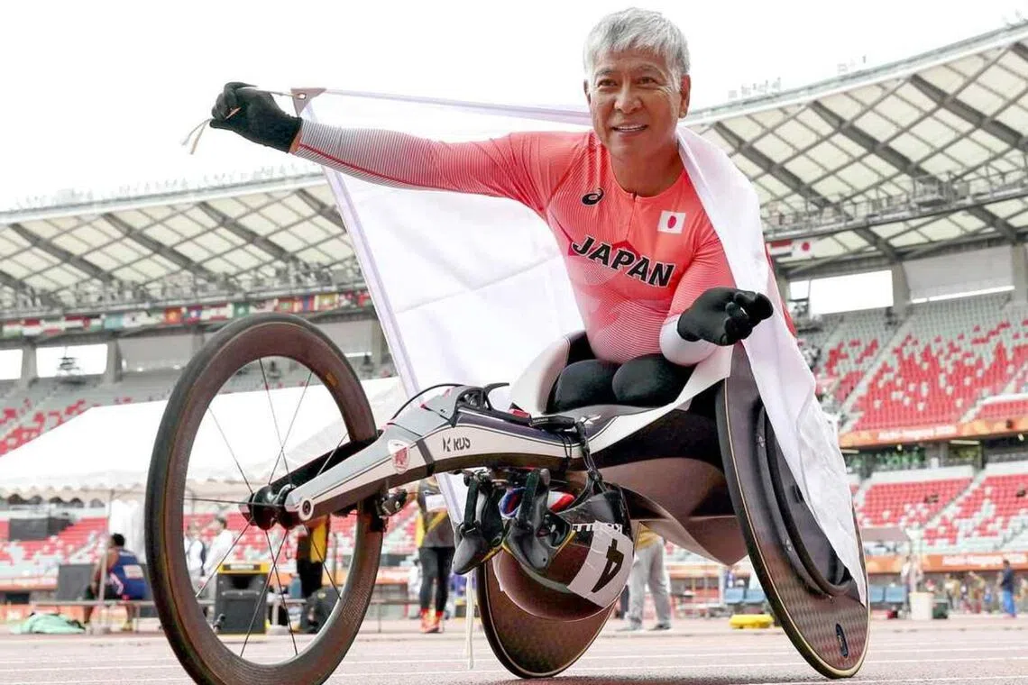 Tomoya Ito after winning gold in the 200m T51/T52 event at the Aichi-Nagoya 2026 Asian Para Games on Oct 23.