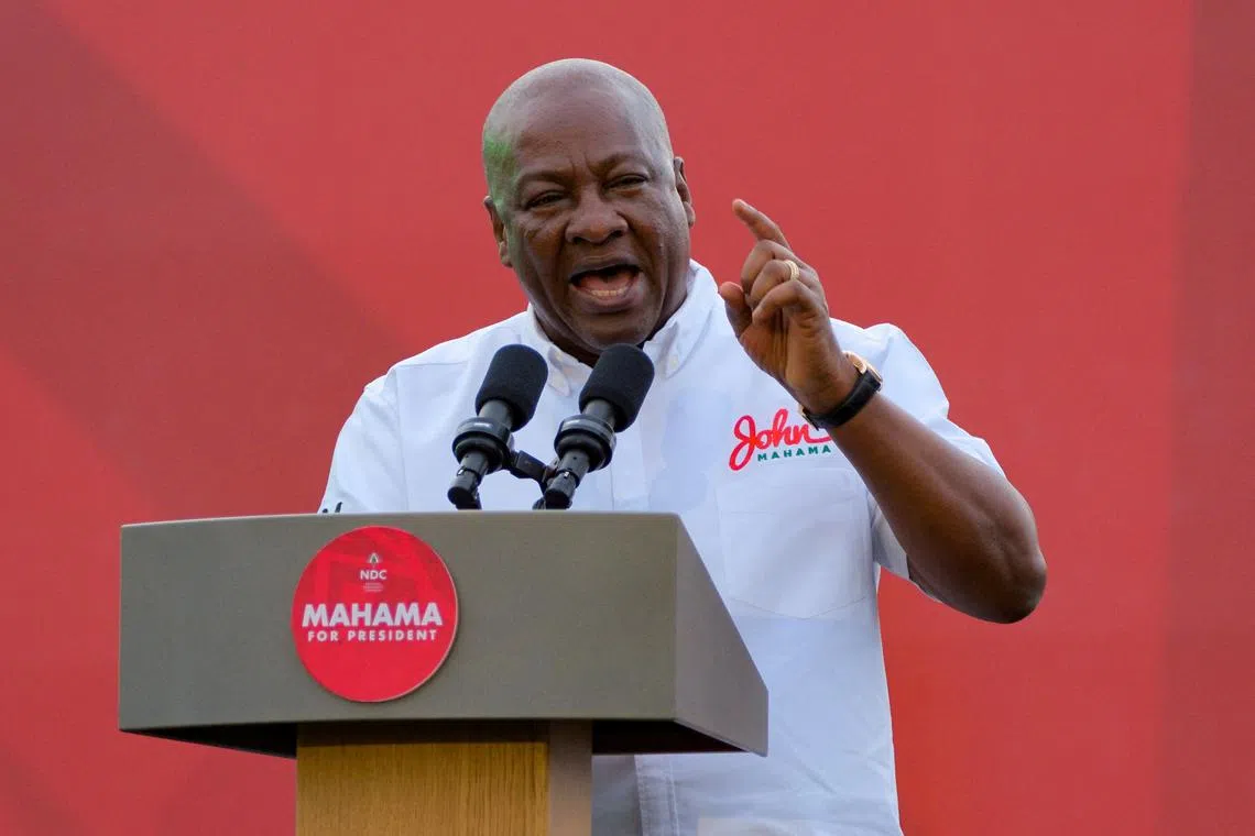 Ghana's former president and current main opposition National Democratic Congress (NDC) party presidential candidate John Dramani Mahama, 65, addresses supporters during a political campaign launch ahead of December polls, in Tamale, Ghana, July 27, 2024. REUTERS/Francis Kokoroko/File Photo