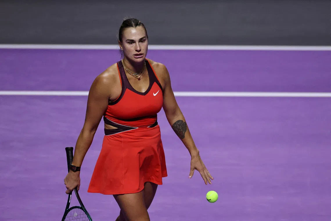 FILE PHOTO: Tennis - WTA Finals - Riyadh - King Saud University Indoor Arena, Riyadh, Saudi Arabia - November 8, 2025 Belarus' Aryna Sabalenka reacts during her final match against Kazakhstan's Elena Rybakina REUTERS/Hamad I Mohammed/File Photo