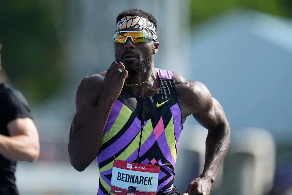Jul 23, 2026; New York, NY, USA; Kenny Bednarek wins 100m heat in 10.04 during the USATF Championships at Icahn Stadium. Mandatory Credit: Kirby Lee-Imagn Images