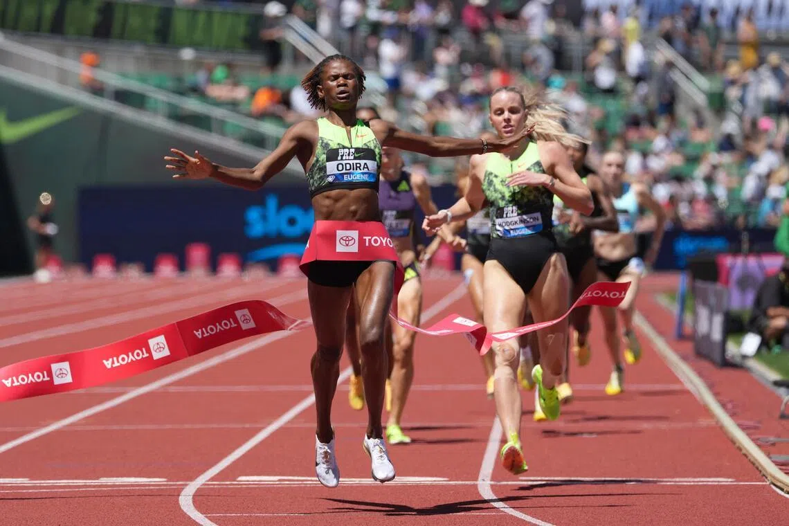 Jul 4, 2026; Eugene, Oregon, USA; Lilian Odira (KEN) defeats Keely Hodgkinson (GBR) to win the women's 800m in 1:56.19 in the 51st Prefontaine Classic at Hayward Field. Mandatory Credit: Kirby Lee-Imagn Images