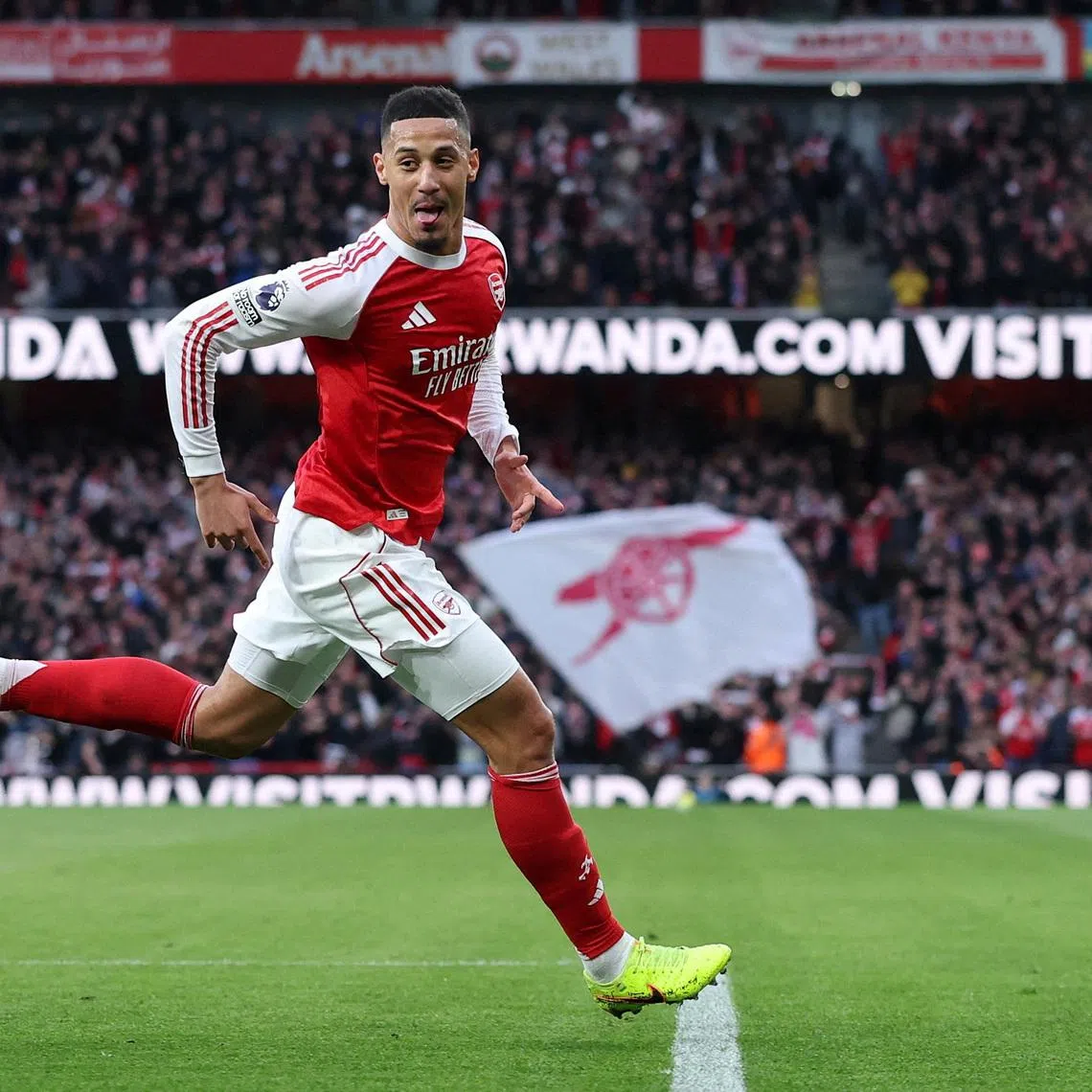 FILE PHOTO: Soccer Football - Premier League - Arsenal v Chelsea - Emirates Stadium, London, Britain - March 1, 2026 Arsenal's William Saliba celebrates scoring their first goal Action Images via Reuters/Andrew Boyers