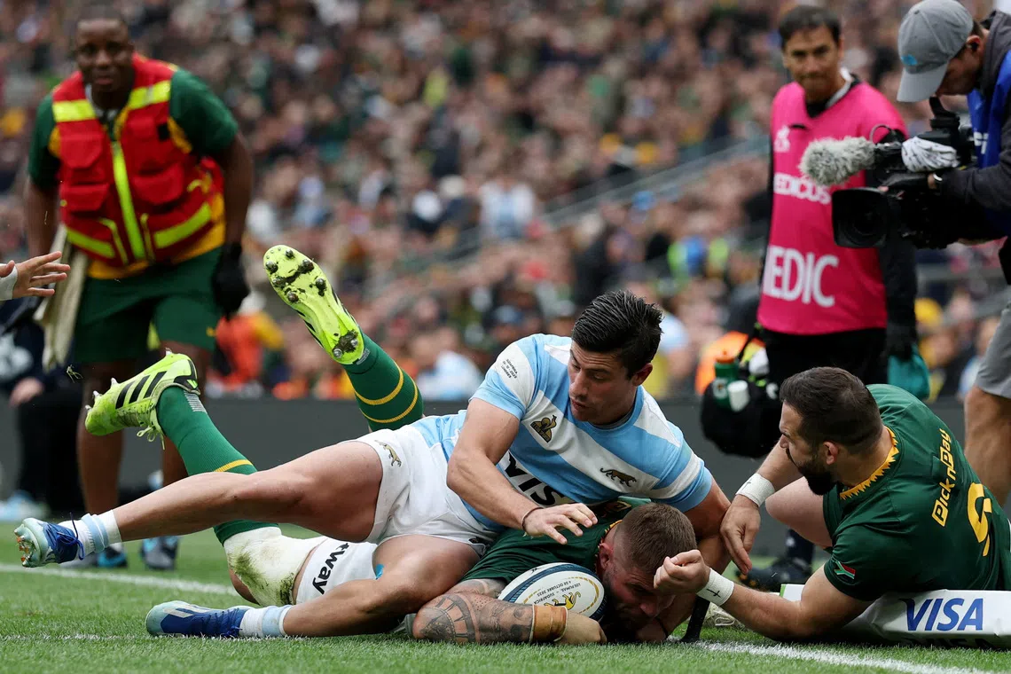 FILE PHOTO: Rugby - Rugby Championship - Argentina v South Africa - Allianz Stadium, Twickenham, London, Britain - October 4, 2025 South Africa's Malcolm Marx scores their second try Action Images via Reuters/Paul Childs/File Photo