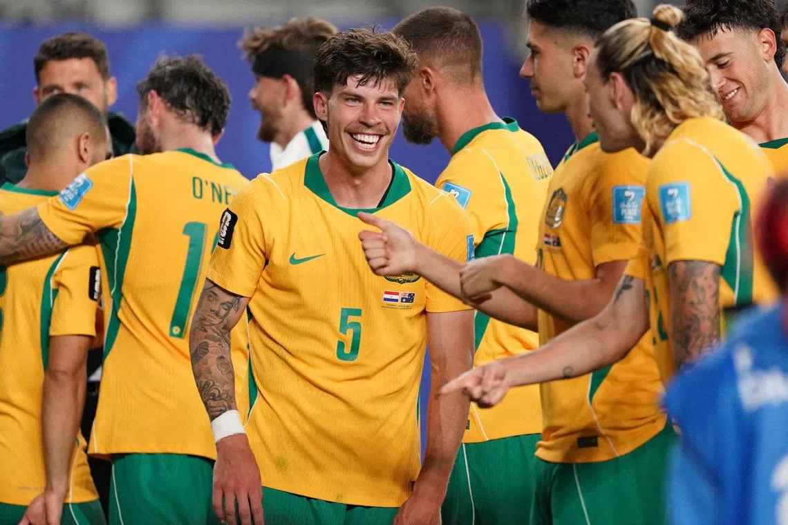 Soccer Football - FIFA World Cup 2026 - Group D - Paraguay v Australia - San Francisco Bay Area Stadium, Santa Clara, California, U.S. - June 25, 2026 Australia's Jordan Bos and teammates celebrate after the match IMAGN IMAGES via Reuters/David Gonzales