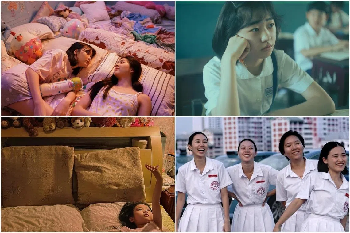 (Clockwise from top left) Kirana Pipityakorn and Fatima Dechawaleekul in Flat Girls; Bai Xiao-ying in Girl; Ranice Tay, Genevieve Tan, Lim Shi-An and Nicole Lee in Amoeba; and Nina Ye in Left-Handed Girl.