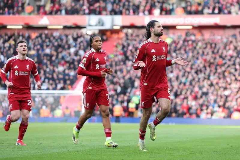 Liverpool’s Dominik Szoboszlai (right) celebrates scoring the opener during the English Premier League match against Tottenham Hotspur at Anfield.
