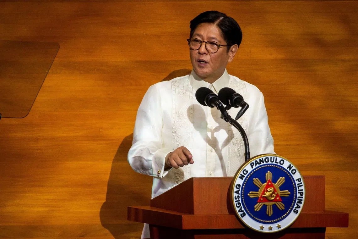 FILE PHOTO: Philippine President Ferdinand Marcos Jr delivers his fourth State of the Nation Address (SONA), at the House of Representatives, in Quezon City, Metro Manila, Philippines, July 28, 2025. REUTERS/Lisa Marie David/ File Photo