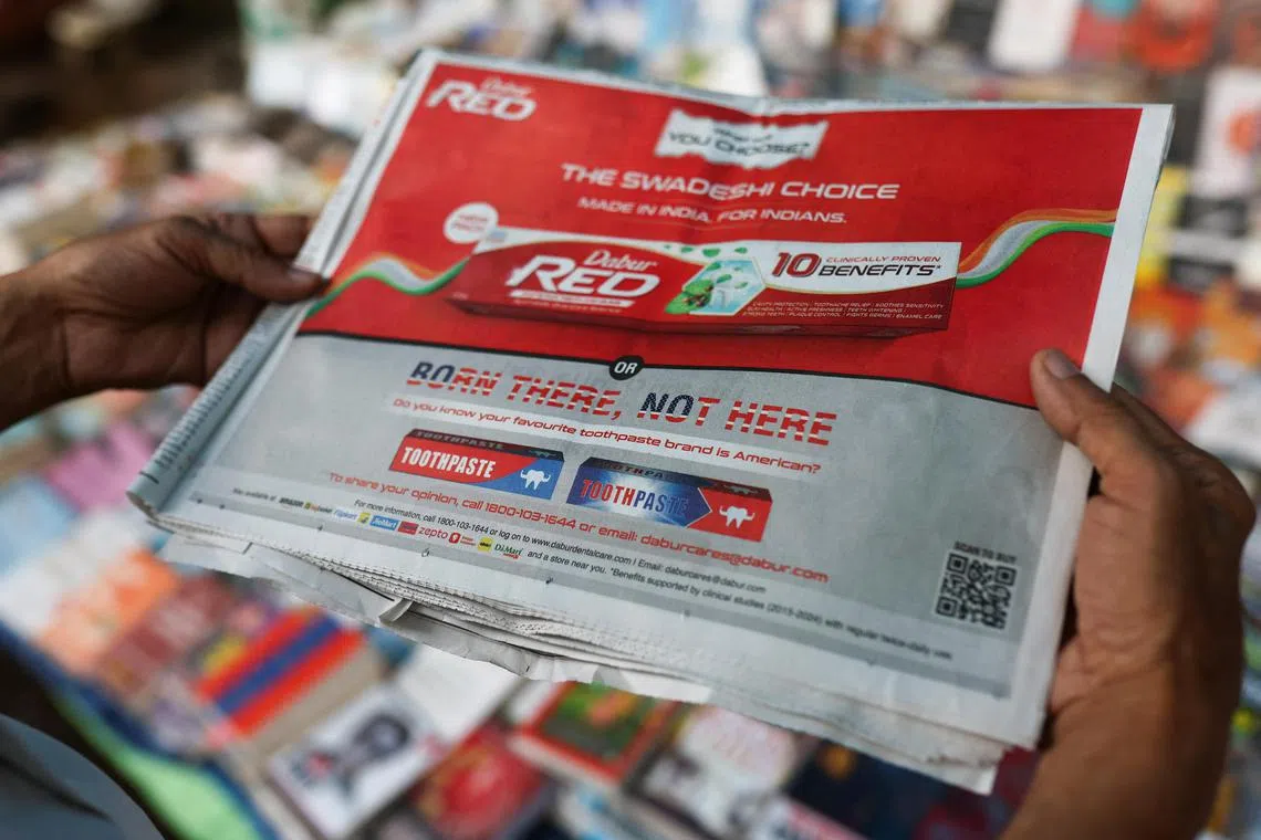 Consumer goods company Dabur took out a front-page newspaper advertisement this week carrying photos of unbranded toothpaste packs that resemble Colgate packaging. 