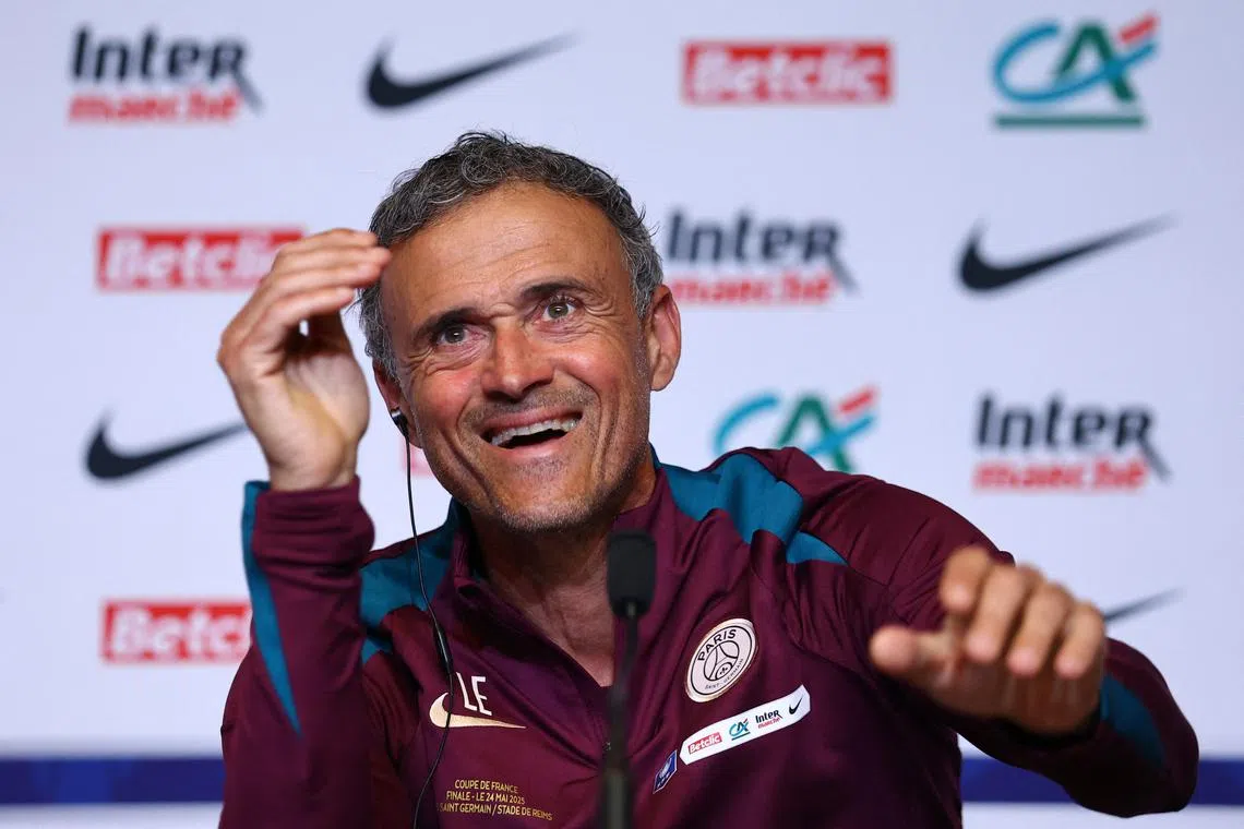 Soccer Football - Coupe de France - Final - Paris St Germain Press Conference - Stade de France, Saint-Denis, France - May 23, 2025 Paris St Germain coach Luis Enrique during a press conference REUTERS/Gonzalo Fuentes