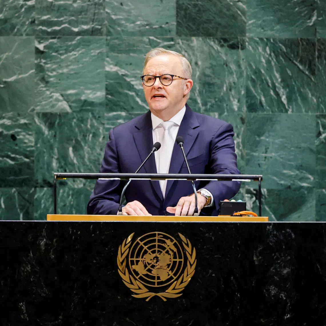 FILE PHOTO: Australia's Prime Minister Anthony Albanese addresses the 80th United Nations General Assembly at U.N. headquarters in New York, U.S., September 24, 2025. REUTERS/Eduardo Munoz/File Photo